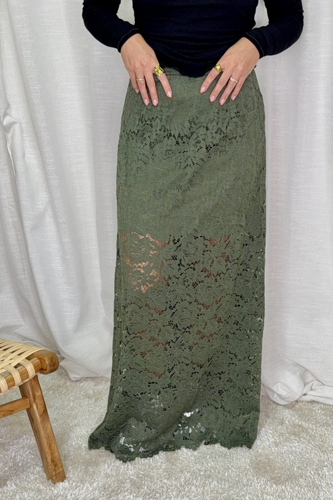 A-bee - Long Flower Lace Skirt 176_6923-W6_2 - Khaki Nederdele 