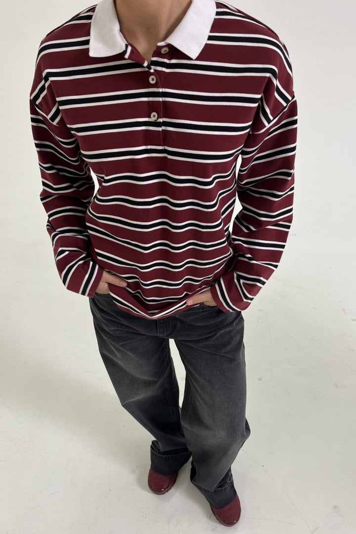 Forudbestilling - Only - Onllara L/S Stripe Polo Ub Swt - 4822700 Cabernet Black+White Sweatshirts 