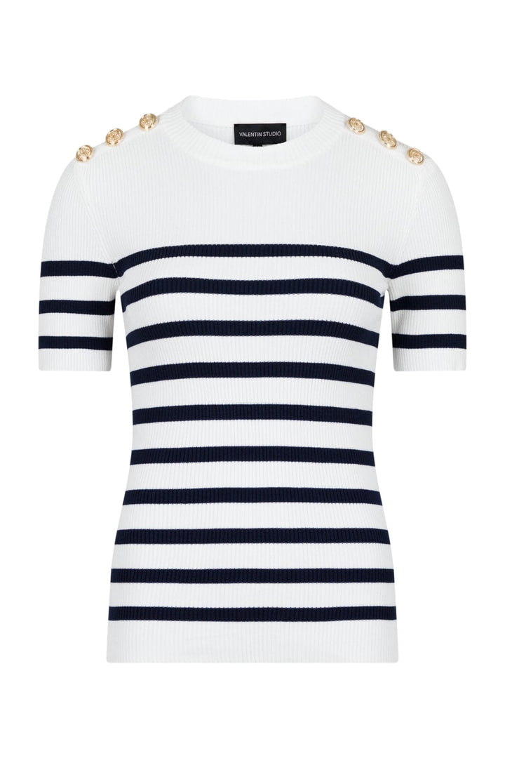 Forudbestilling - Valentin Studio - Gold Button Knit T-shirt - Navy Stripes Strikbluser 