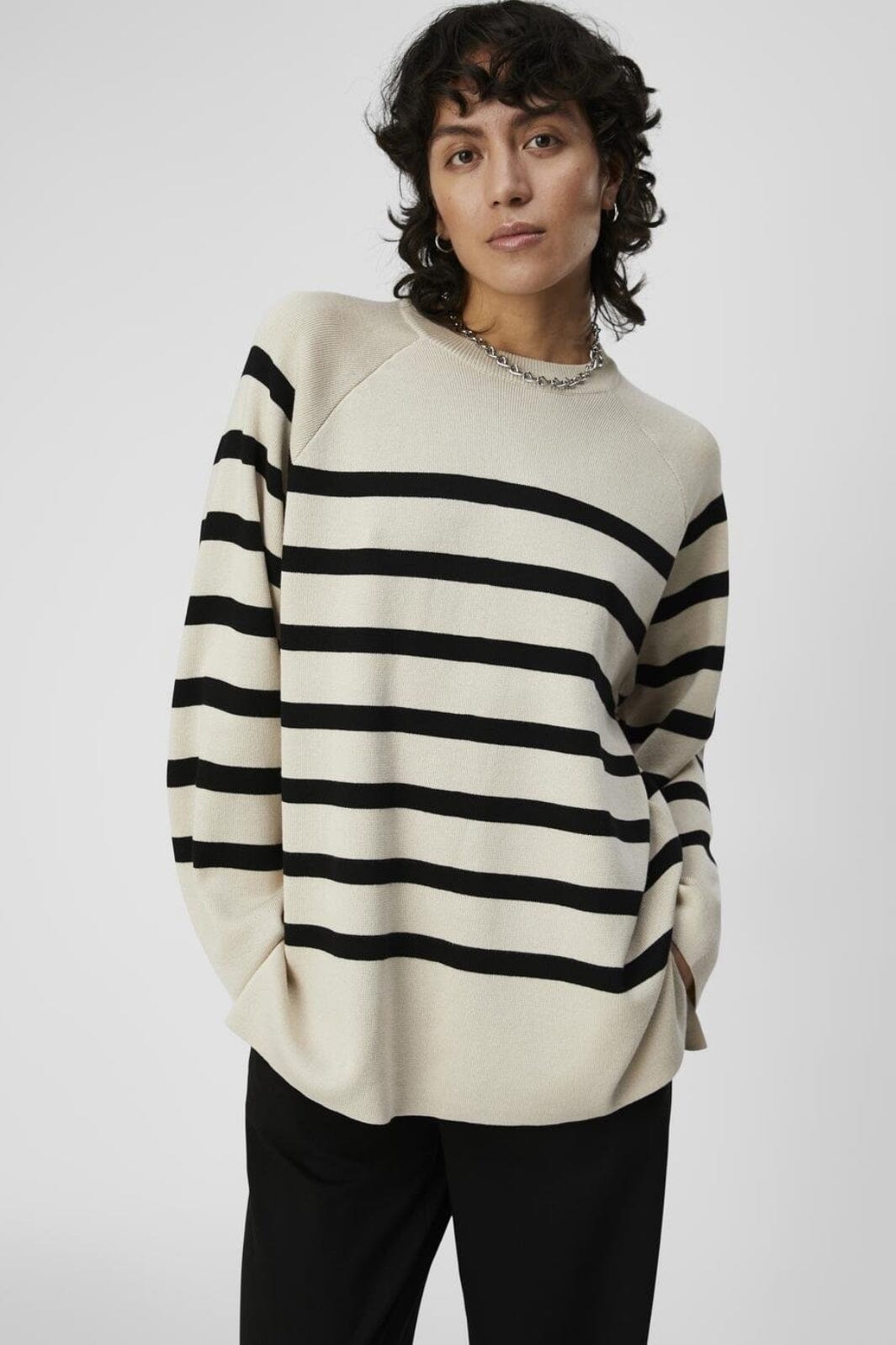 Object - Objester Ls Knit Top - 4095005 Sandshell Black Strikbluser 