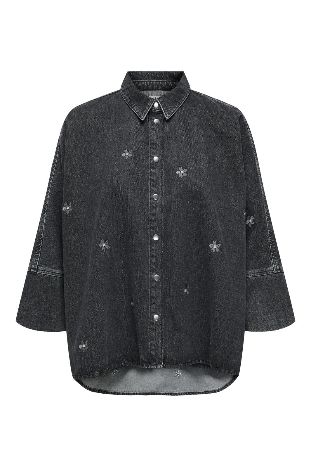 Only - Onlgrace 3/4 Flower Emb Shirt Cro - 4740237 Washed Black Flower Emb