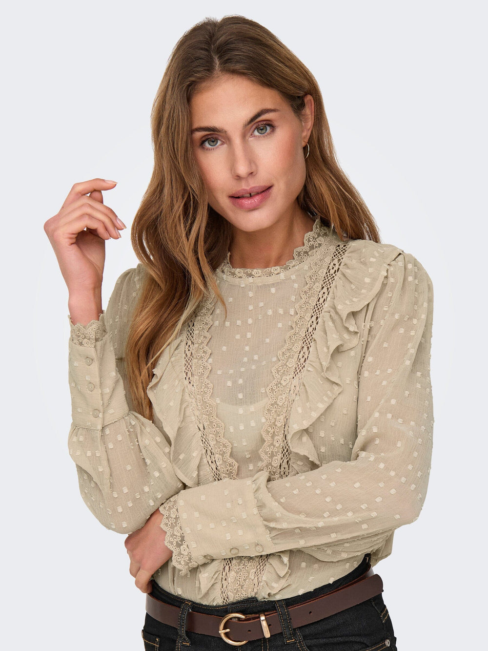 Only - Onlsila Life Dobby L/S Top - 4331606 Humus Bluser 