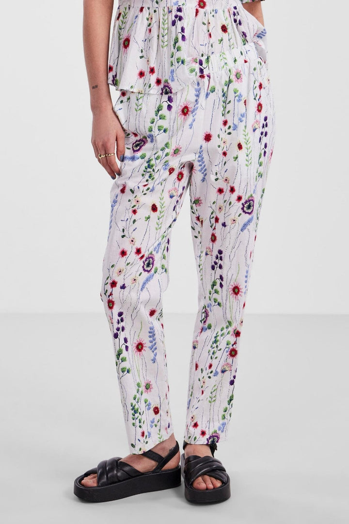 Pieces - Pcjalisa Pants - 4424090 Bright White FLOWERS Bukser 