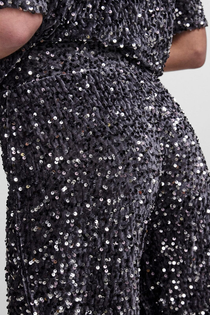 Pieces - Pckam Wide Pant - 4450514 Magnet Black Silver sequins Bukser 