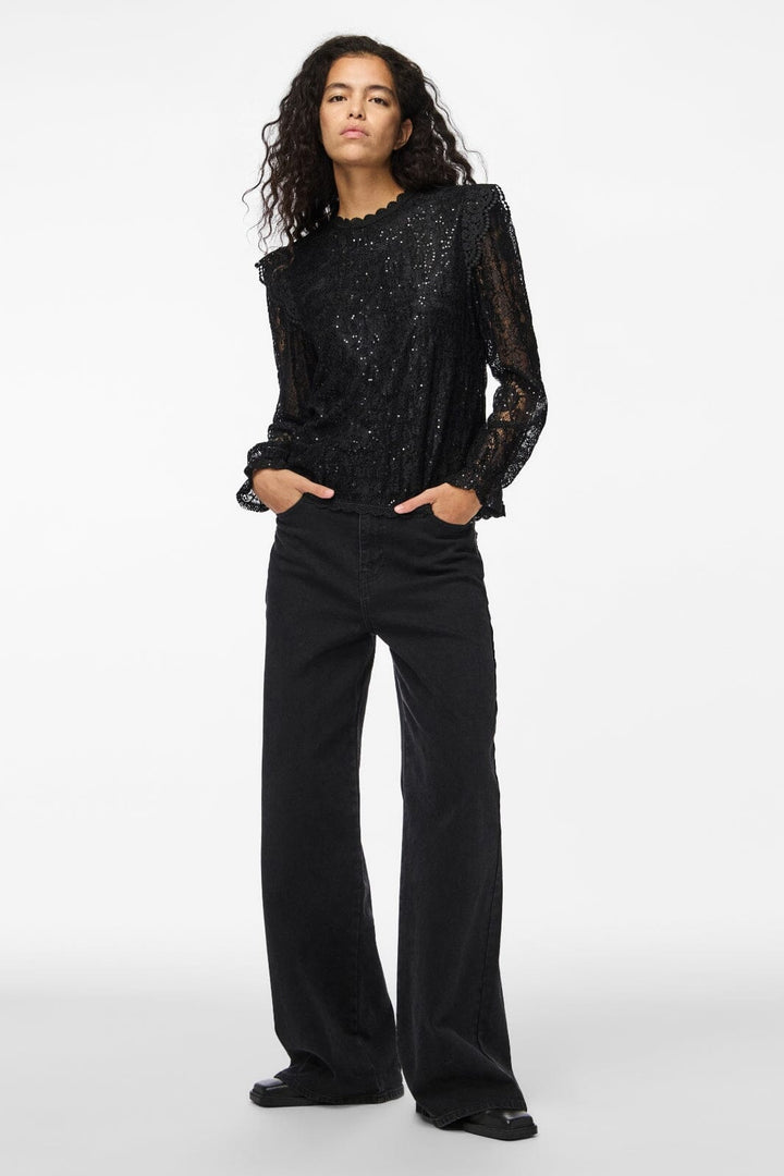 Pieces - Pcolline Ls Lace Sequins Top - 4567444 Black