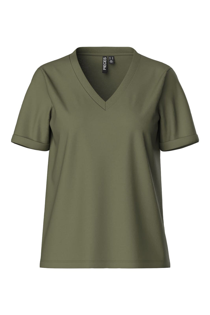 Pieces - Pcria Ss V-Neck Solid Tee - 3783308 Deep Lichen Green