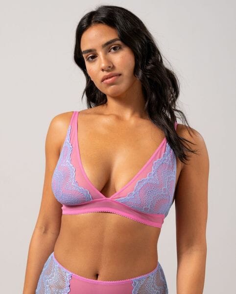 Understatement Underwear - Lace Mesh Plunge Bralette - Light Blue / Candy Pink BH 