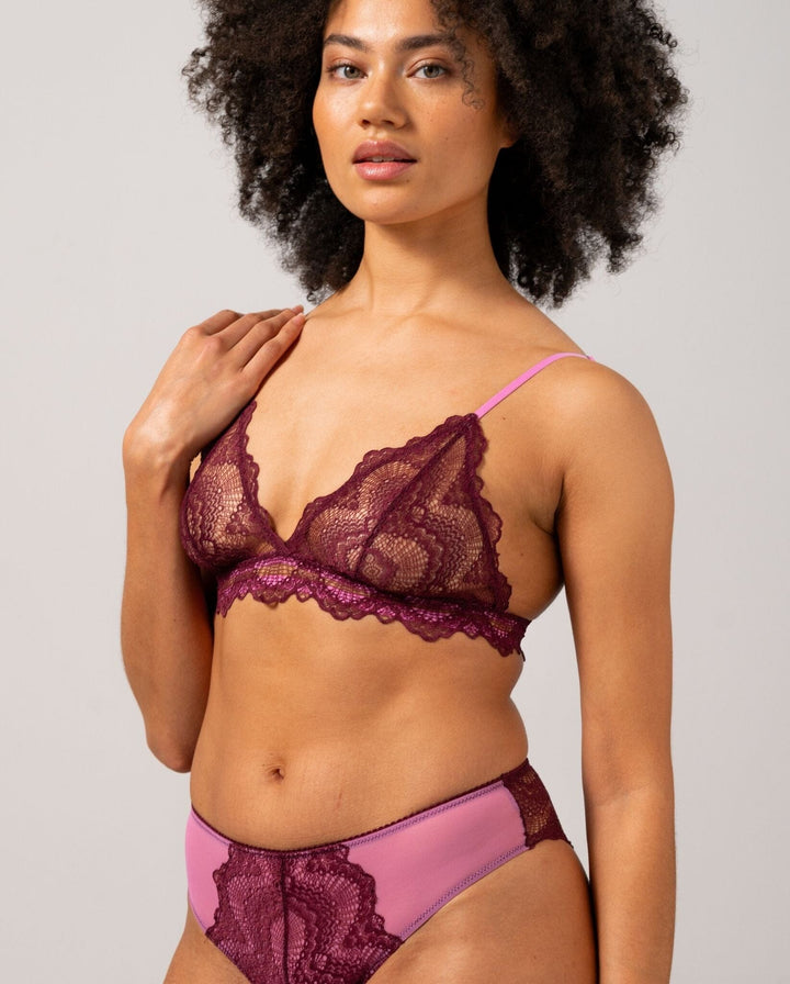 Understatement Underwear - Lace Triangle Bralette - Burgundy / Candy Pink BH 