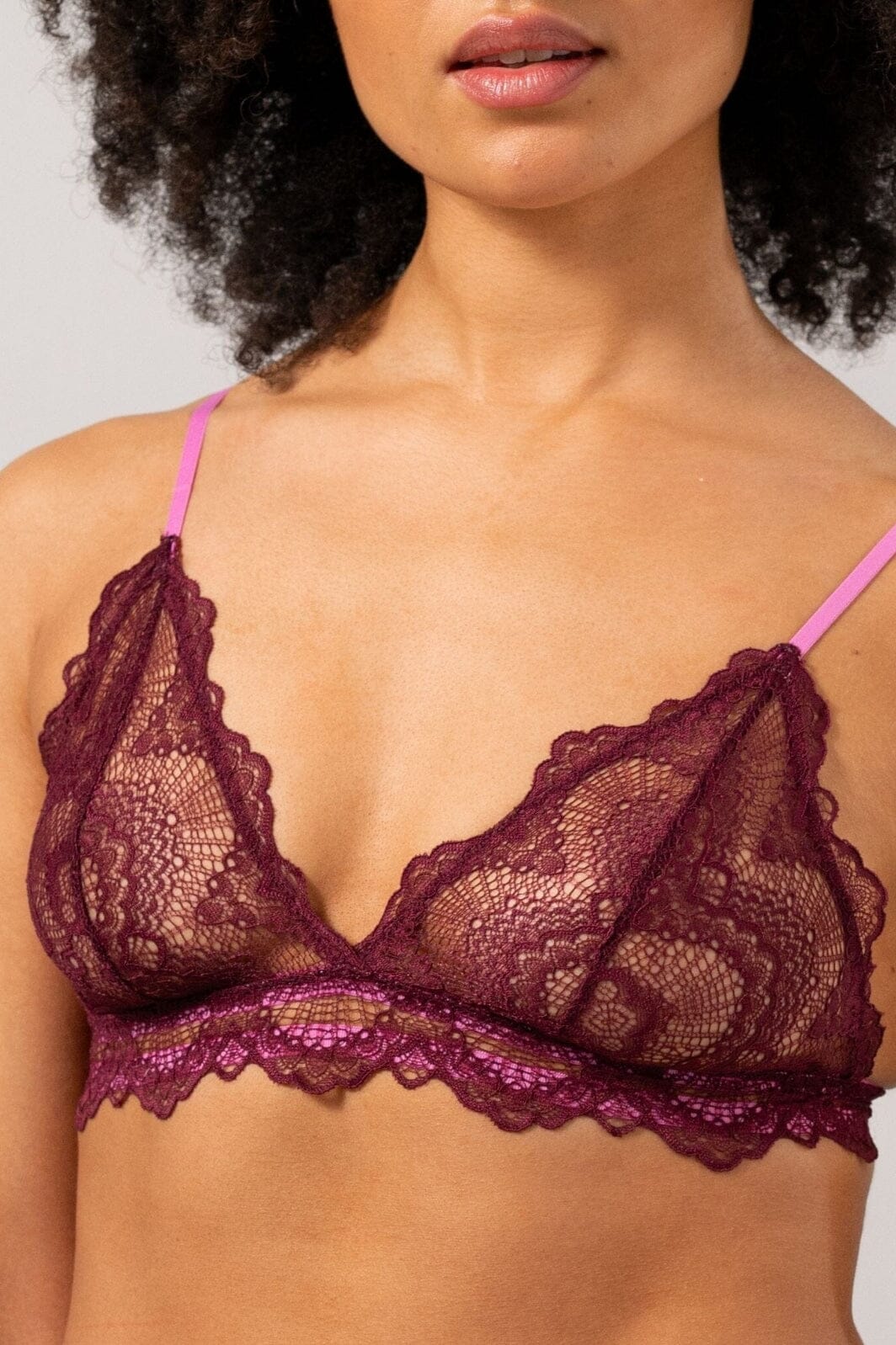 Understatement Underwear - Lace Triangle Bralette - Burgundy / Candy Pink BH 